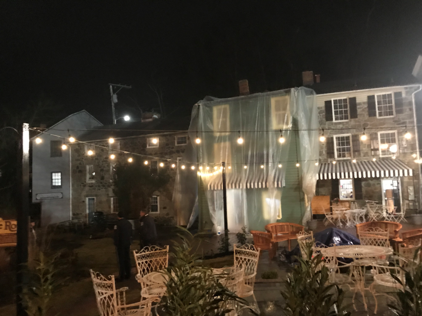 string lighting over outdoor seating area 